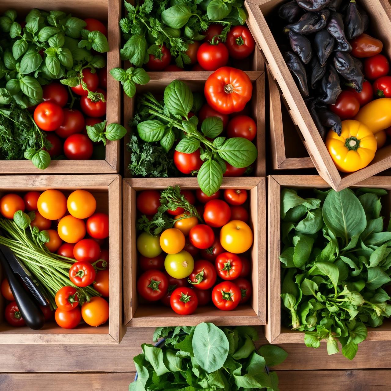 Wooden crates of freshly harvested vegetables and herbs